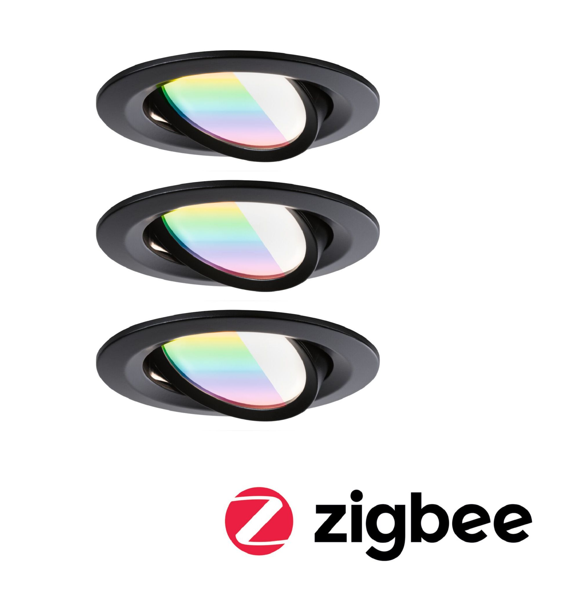 Trzy czarne światła wpuszczane z kolorowym odbiciem na białym tle. Logo Zigbee na dole.