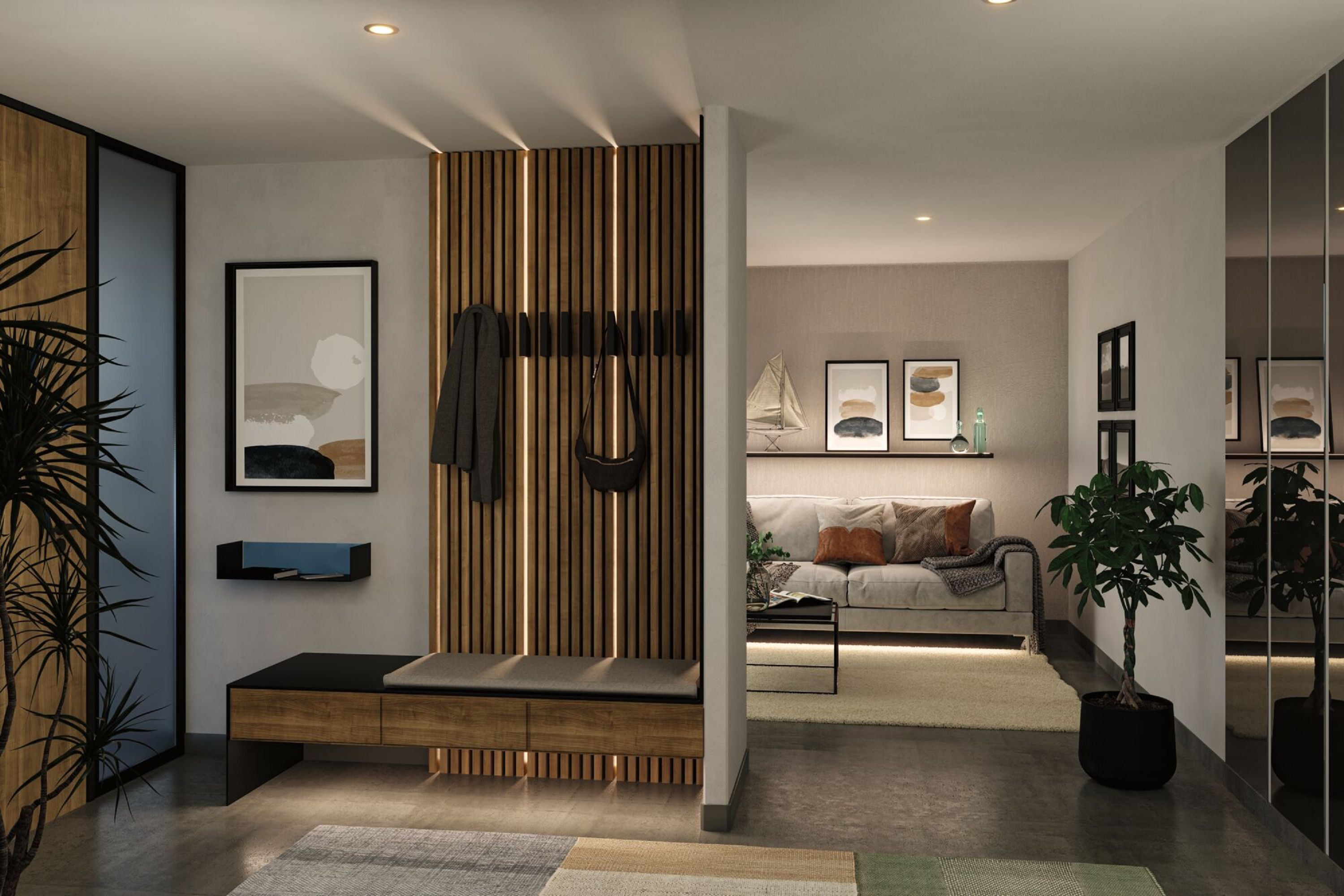 Nowoczesne wnętrze z ławką w przedpokoju, drewnianą ścianą i widocznym salonem. Obecne są grafiki, płaszcz i torba.