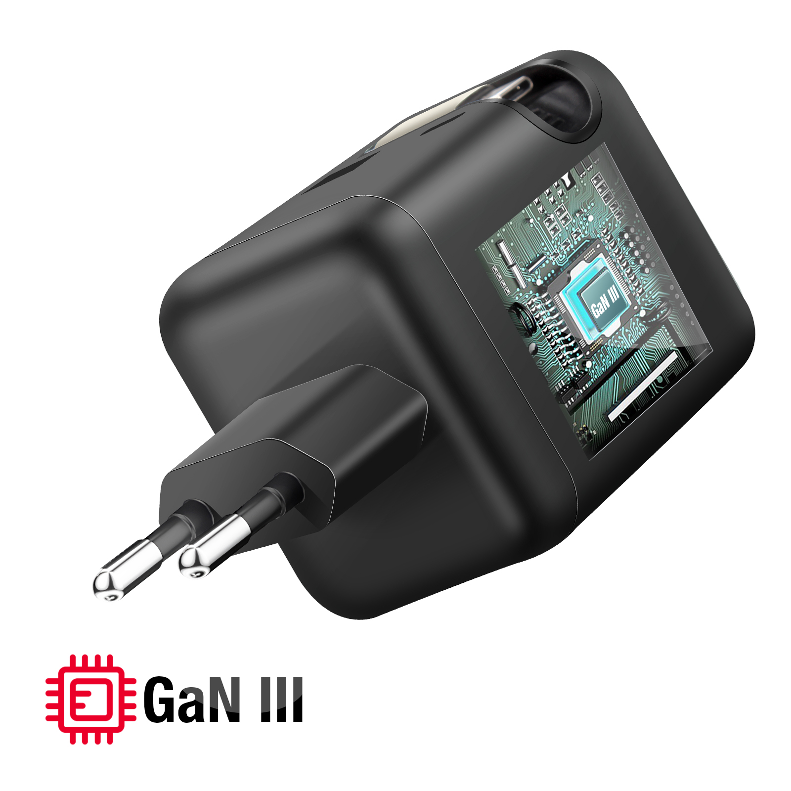 Caricatore GaN III nero con dettagli del circuito stampato visibili. Il caricatore ha una spina e una porta USB-C. Anche il logo è visibile.