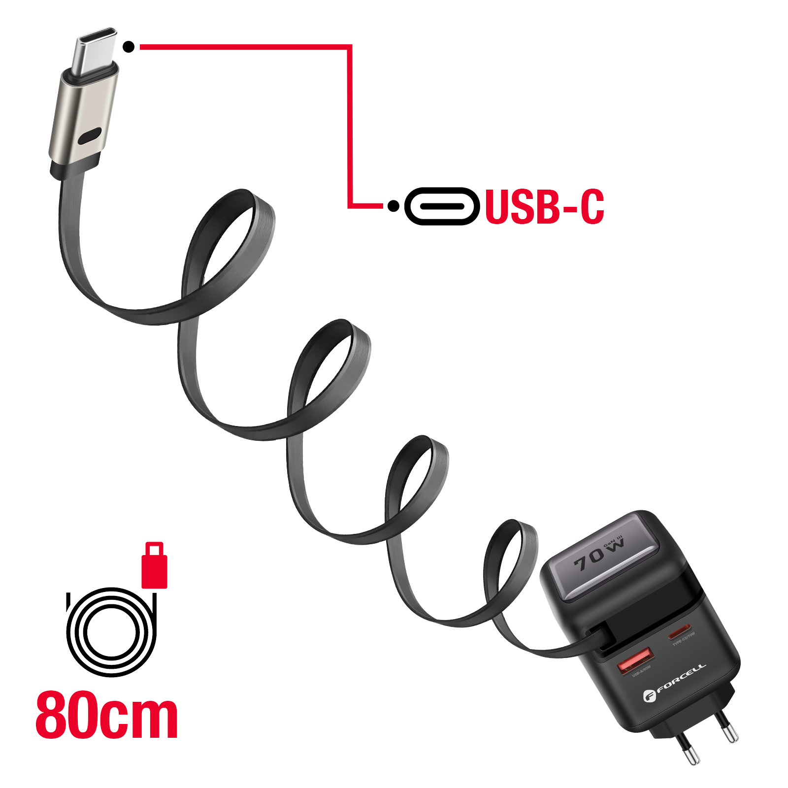 Un caricatore USB-C nero e argento con un cavo nero. Il caricatore è da 70W e il cavo è lungo 80cm. Segno USB-C.