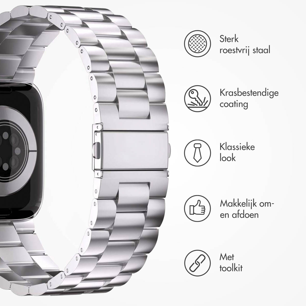 A silver metal watch band, partially displayed. Features include steel, scratch-resistant coating, classic look, easy to use, and toolkit.