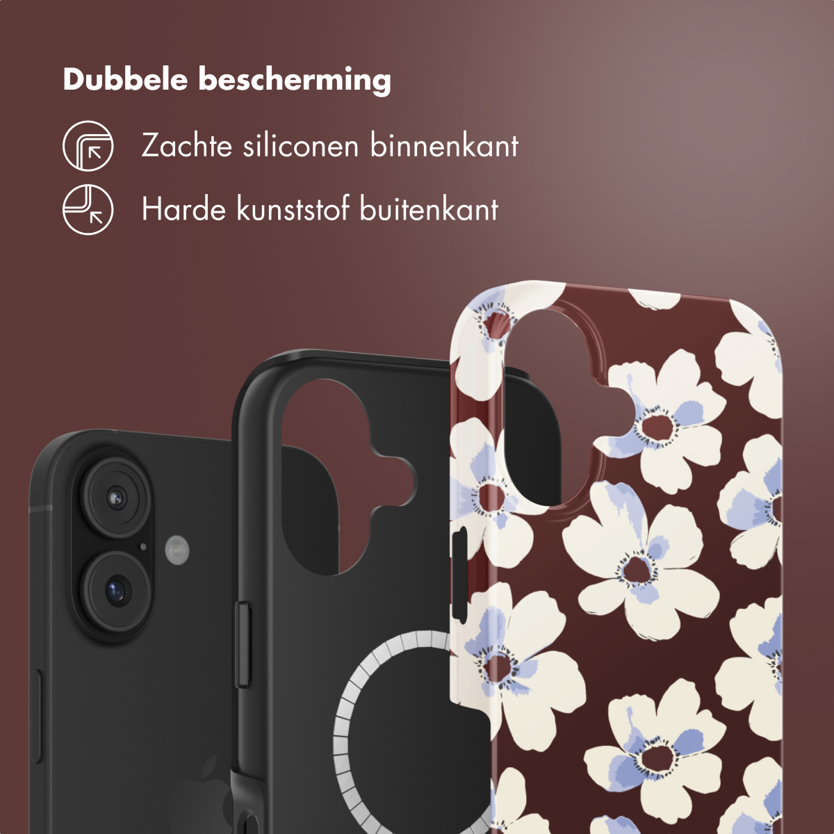 Telefoonhoesjes: zwart, met witte bloemenpatroon en nog een zwarte. Tekst: Dubbele bescherming. Achtergrond: bruin.