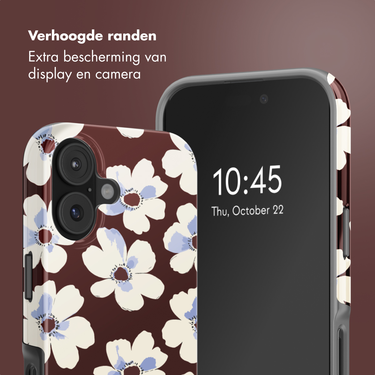 Er worden twee telefoons met bloemenhoesjes getoond. Eén toont de tijd: 10:45, 22 oktober. De andere hoes heeft twee cameralenzen.