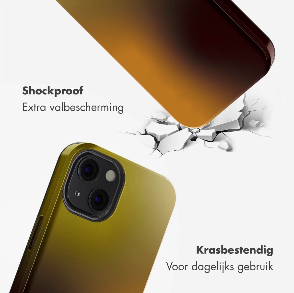 Telefoonhoesje in een kleurverloop, met een ander hoesje dat op een oppervlak valt en scheuren veroorzaakt. Tekst: Schokbestendig, Krasbestendig.