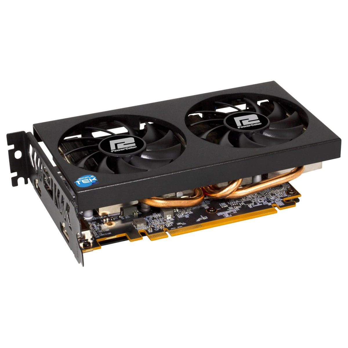 Czarna karta graficzna PowerColor z dwoma wentylatorami. Widoczne miedziane rurki cieplne i elementy elektroniczne.