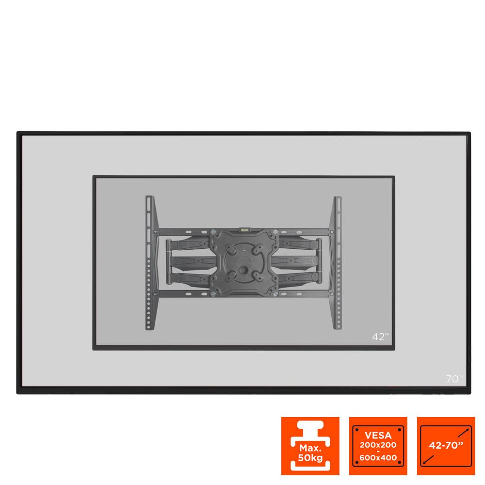Eine TV-Wandhalterung wird angezeigt, die 42-70"-Bildschirme unterstützt, max. 50 kg, VESA 200x200/600x400. Sie ist grau auf hellem Hintergrund.
