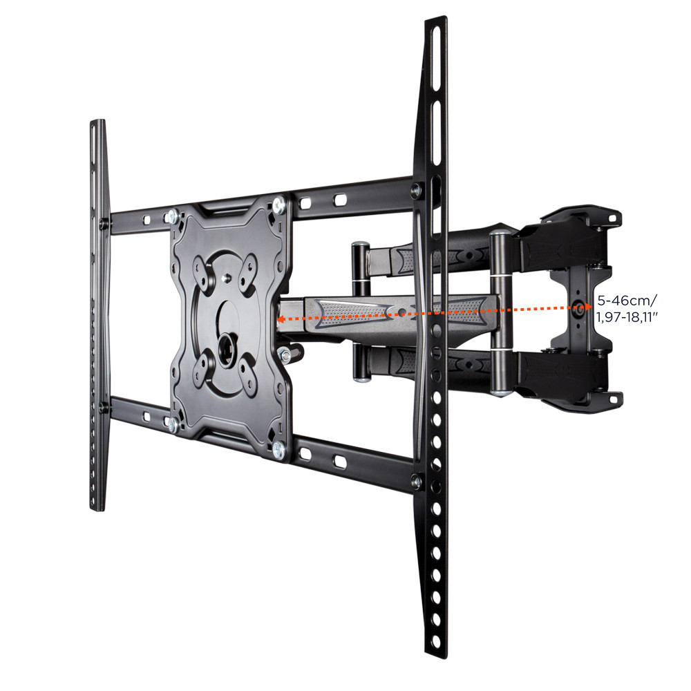 Schwarze TV-Wandhalterung mit verstellbaren Armen und Halterung. Die Messung ist 5-46cm / 1,97-18,11 Zoll.