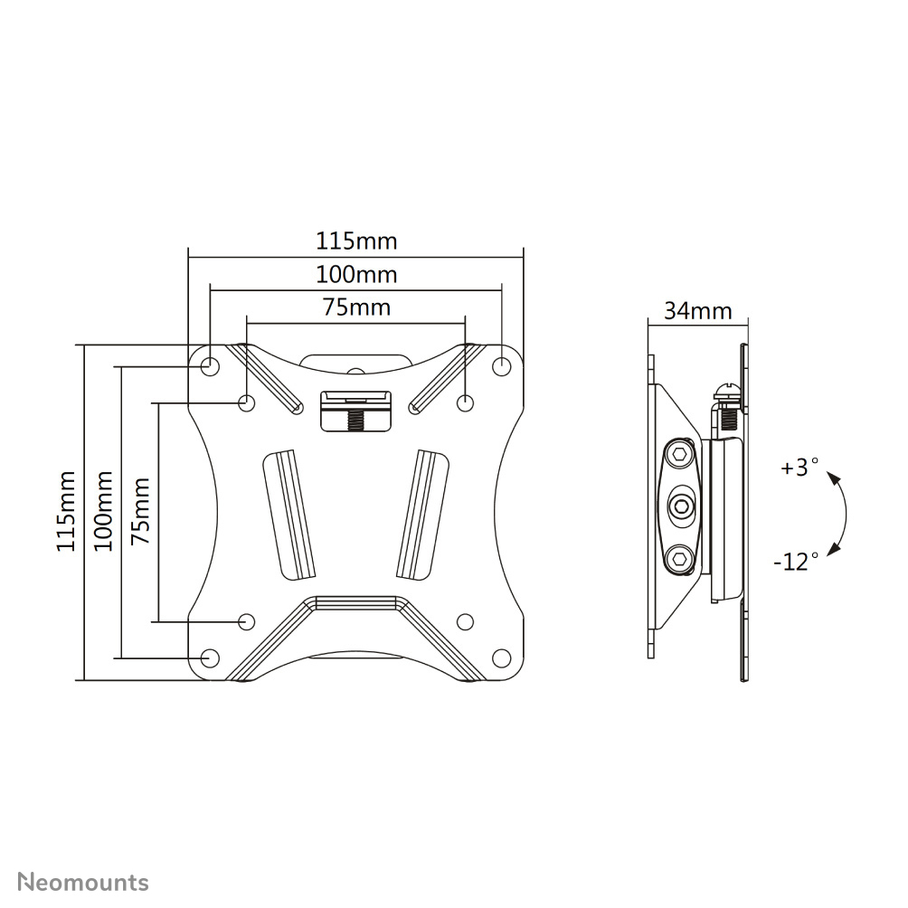 Schéma d'un support TV. Vue de dessus avec dimensions et vue latérale avec angles d'inclinaison. Texte en bas : 'Neomounts'.