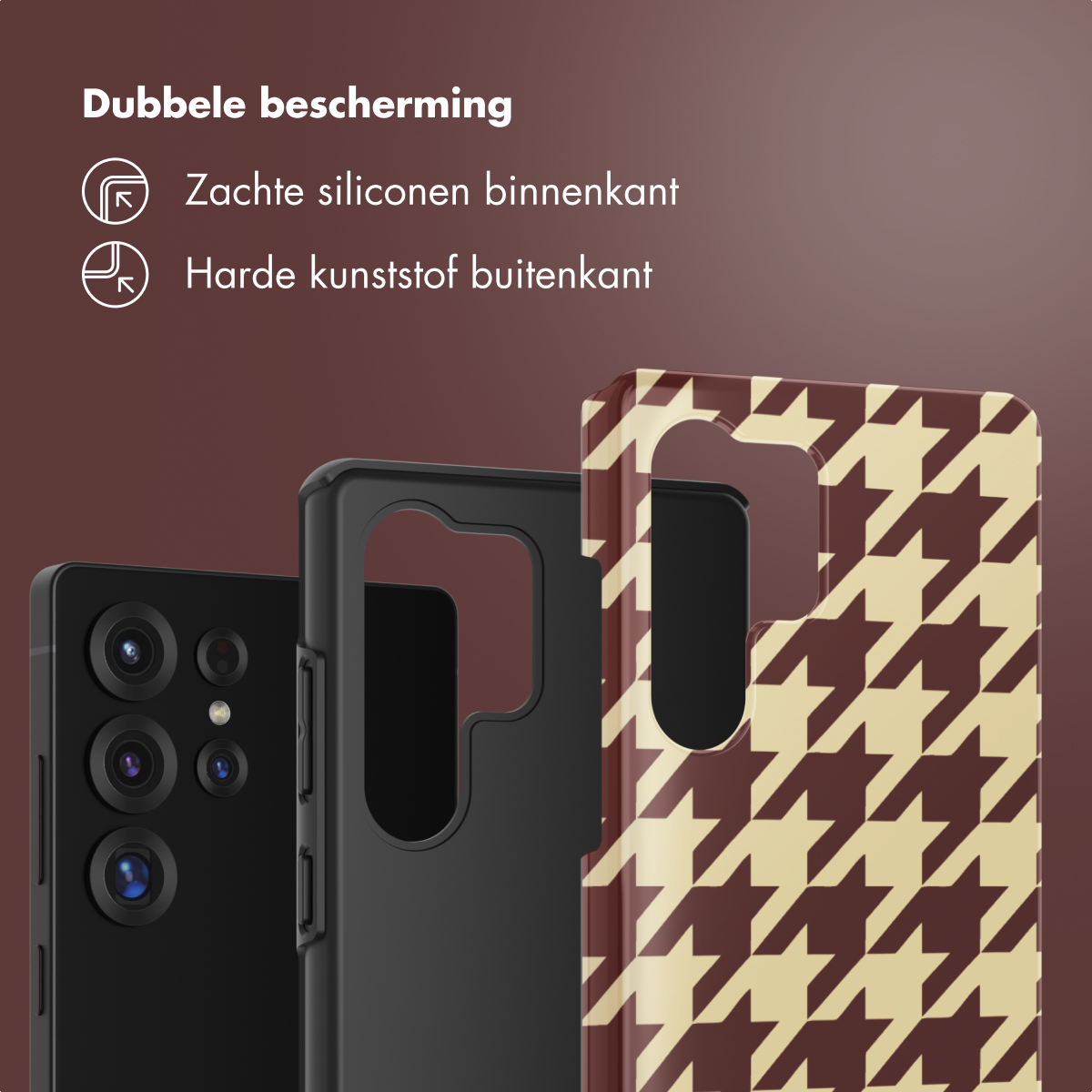 Un telefono con tre custodie. Una è nera, una ha un motivo a pied de poule. Il testo recita 'Doppia protezione' in olandese.