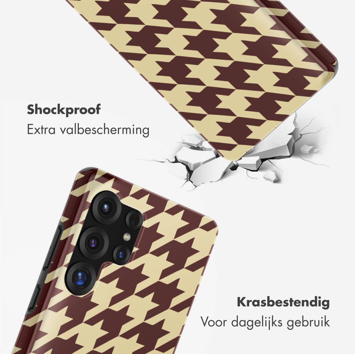 Custodia per telefono con motivo a pied-de-poule marrone e beige, che sembra rompere una superficie. Testo: Antigraffio, Resistente.
