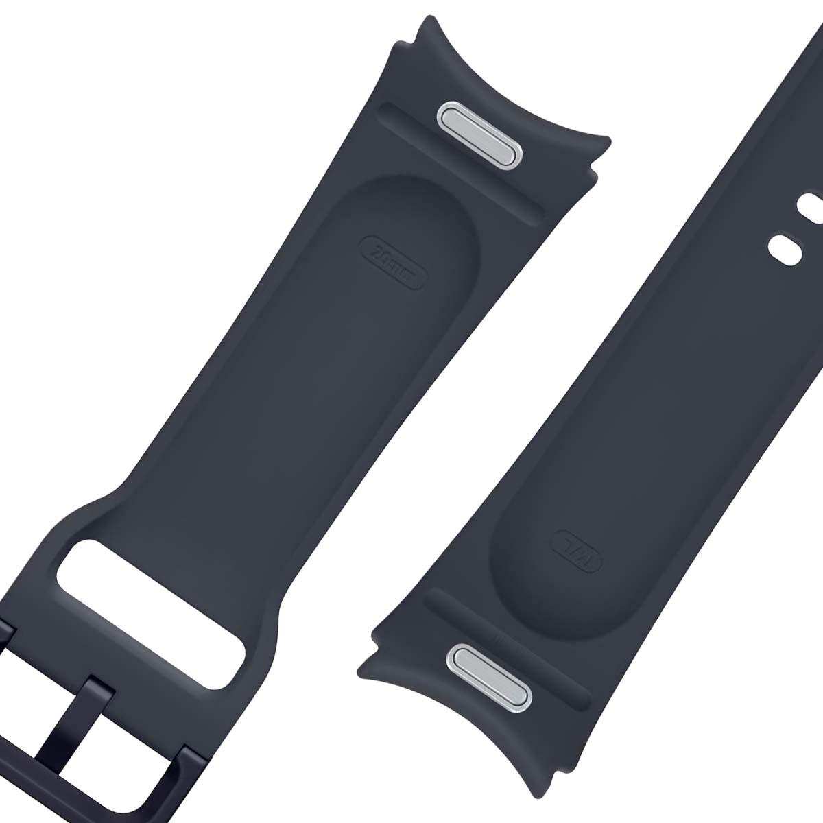 Dwa ciemnoszare paski do zegarka leżą na białym tle. Jeden ma sprzączkę, drugi dziury. Oba mają srebrne metalowe elementy.