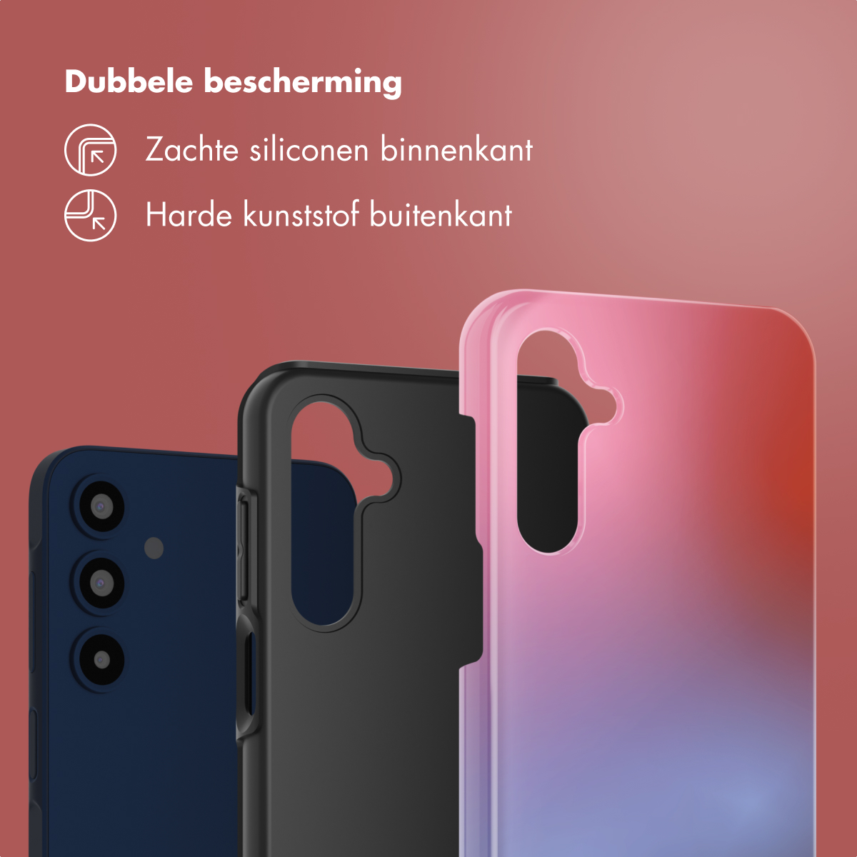 Drie telefoonhoesjes: blauw, zwart en roze verloop. Bovenstaande tekst zegt 'Dubbele bescherming' en somt de kenmerken op.