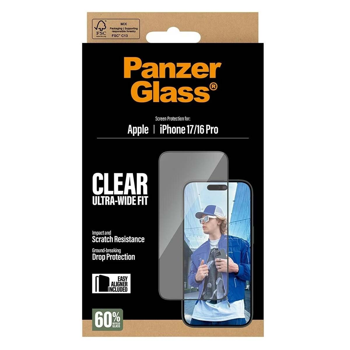 Bir PanzerGlass iPhone ekran koruyucu kutusu. Koruyucu ile bir telefon ve ceket giyen bir kişi gösteriyor.