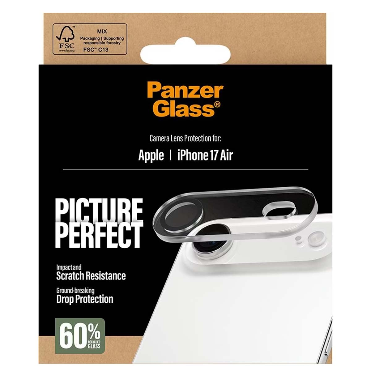 Confezione del protettore per lenti della fotocamera per iPhone 17 Air. Caratteristiche: Panzer Glass, testo 'Picture Perfect' e vetro riciclato al 60%.