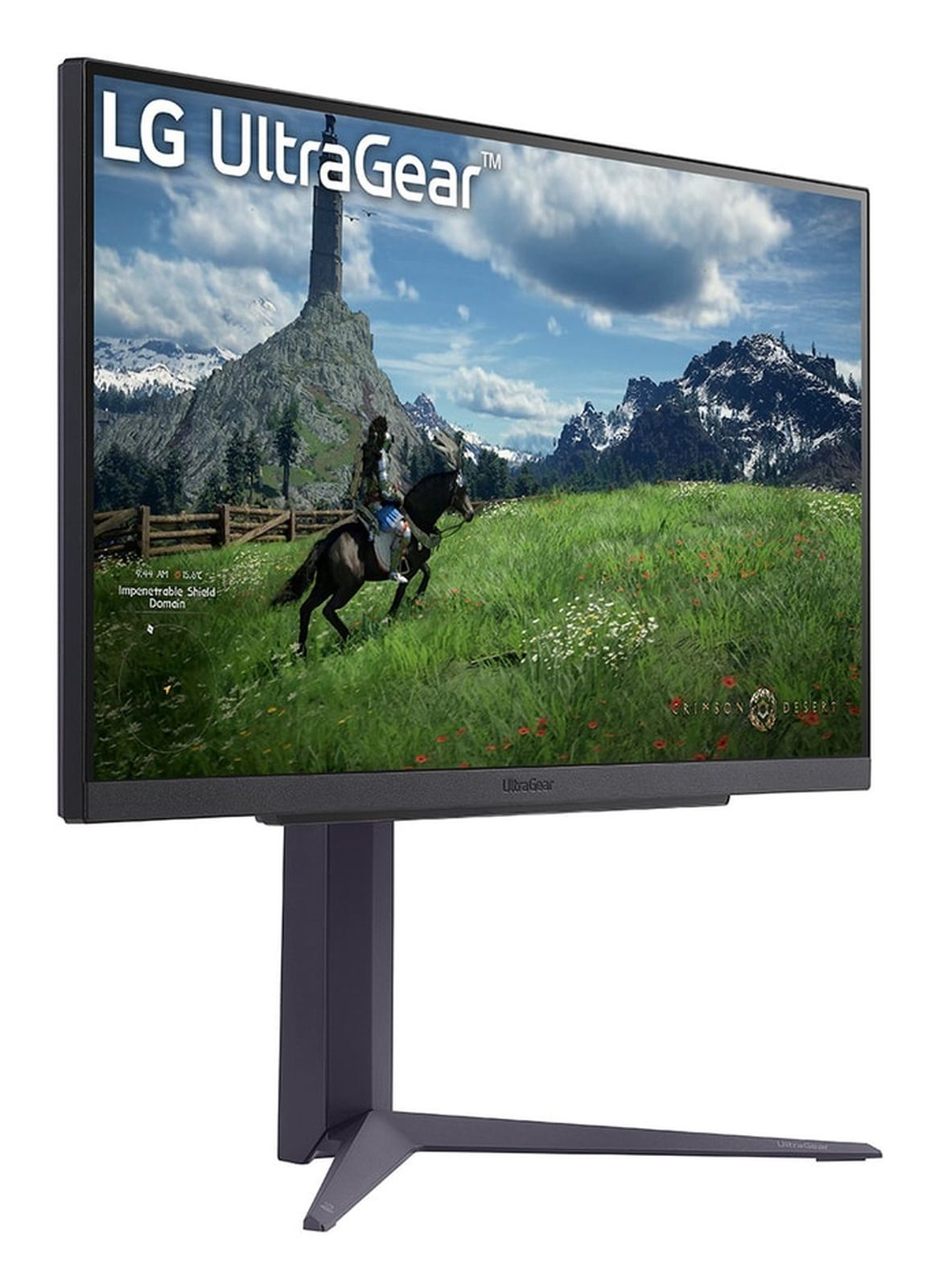 Monitor LG UltraGear wyświetlający scenę z gry: jeździec na czarnym koniu na zielonym polu, góry w tle.