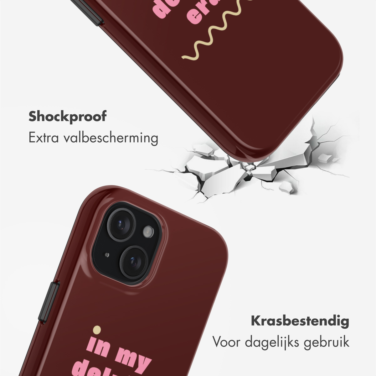 Two burgundy phone cases with text on them. One appears to be falling and cracking a surface, showcasing durability.
