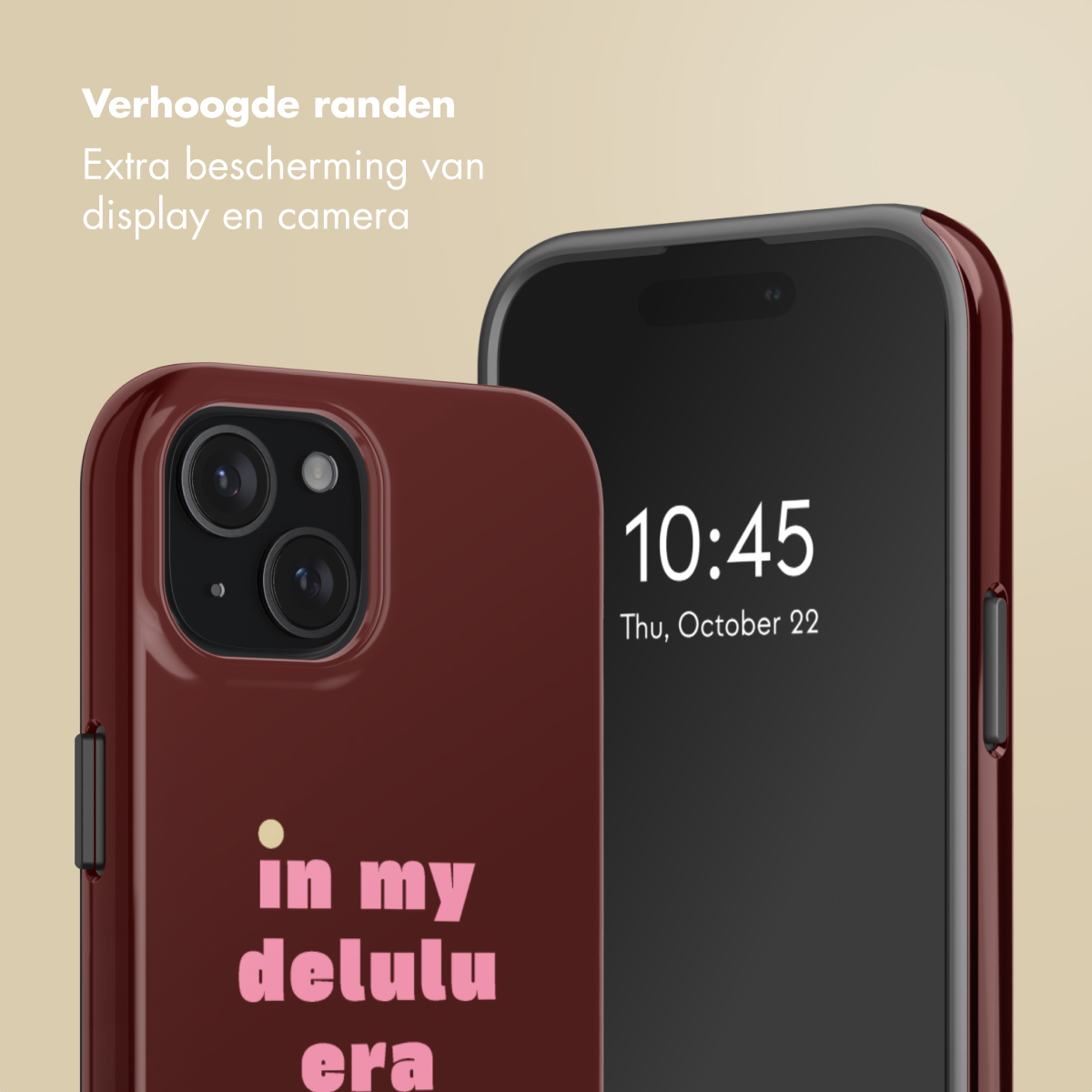 Two smartphones with protective cases. One shows the time, the other has text 'in my delulu era'. Both are burgundy.