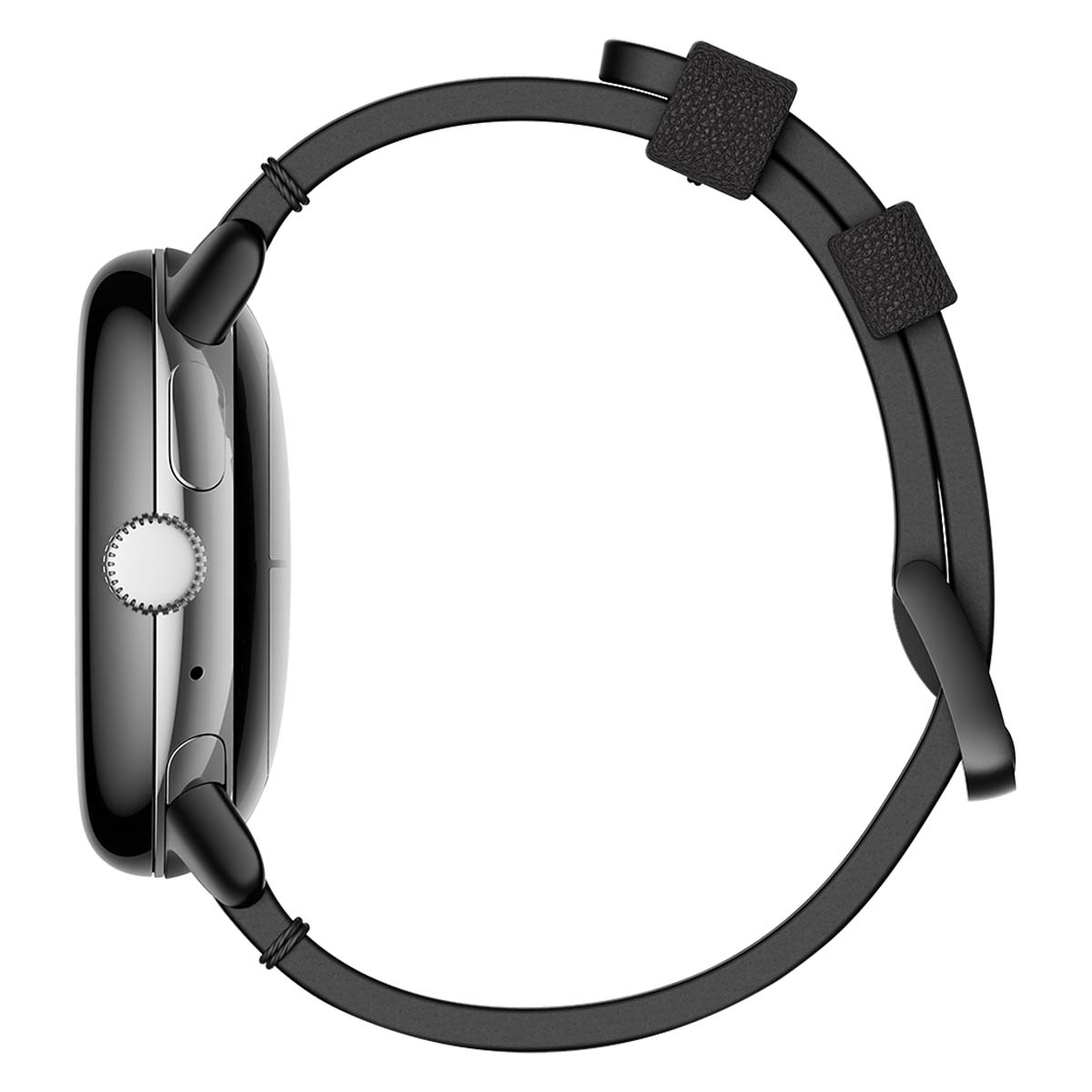 Un reloj inteligente negro con pantalla curva y correa negra se muestra de lado. El reloj tiene un botón y una correa texturizada.