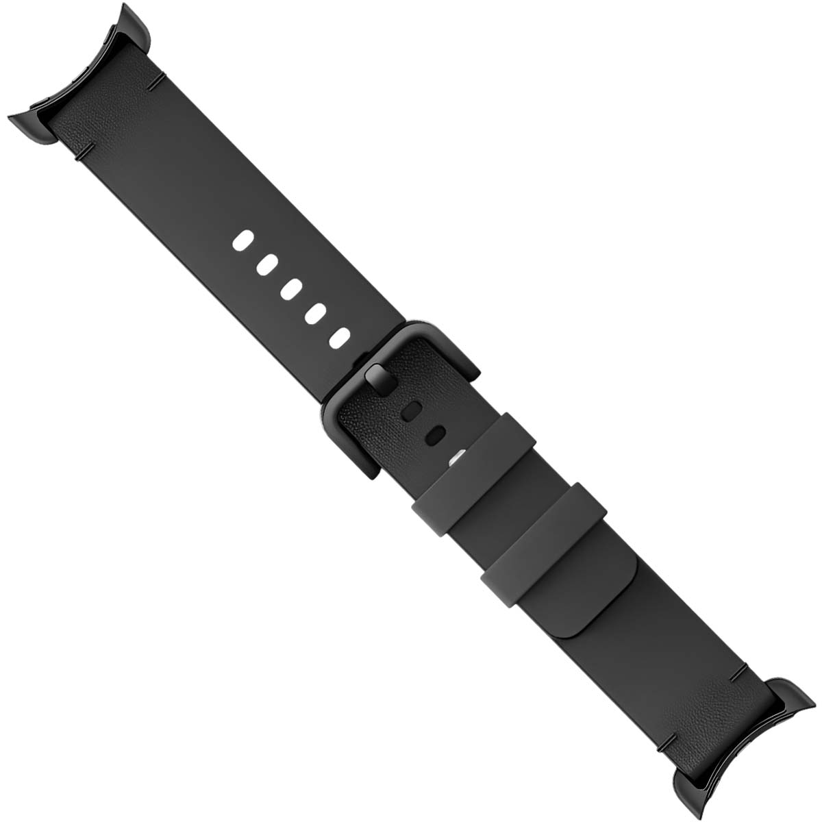 Una correa de reloj negra en diagonal. Tiene hebilla y agujeros de ajuste. La correa está sobre un fondo blanco.