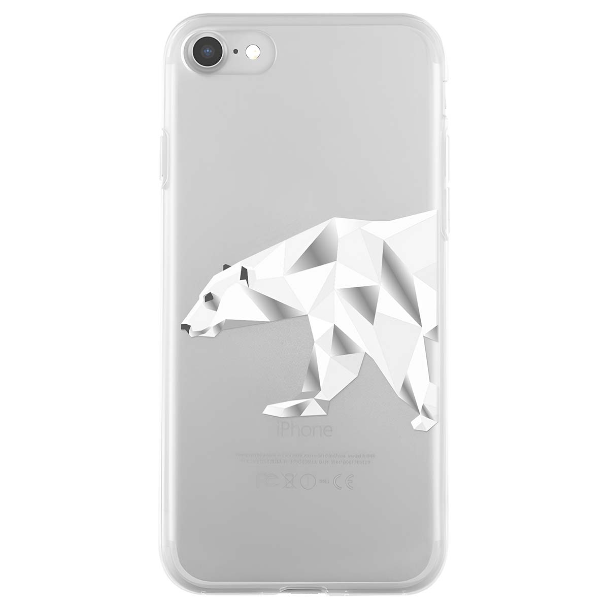 Un iPhone racchiuso in una custodia trasparente con un design geometrico di orso polare bianco. Il telefono è grigio chiaro.