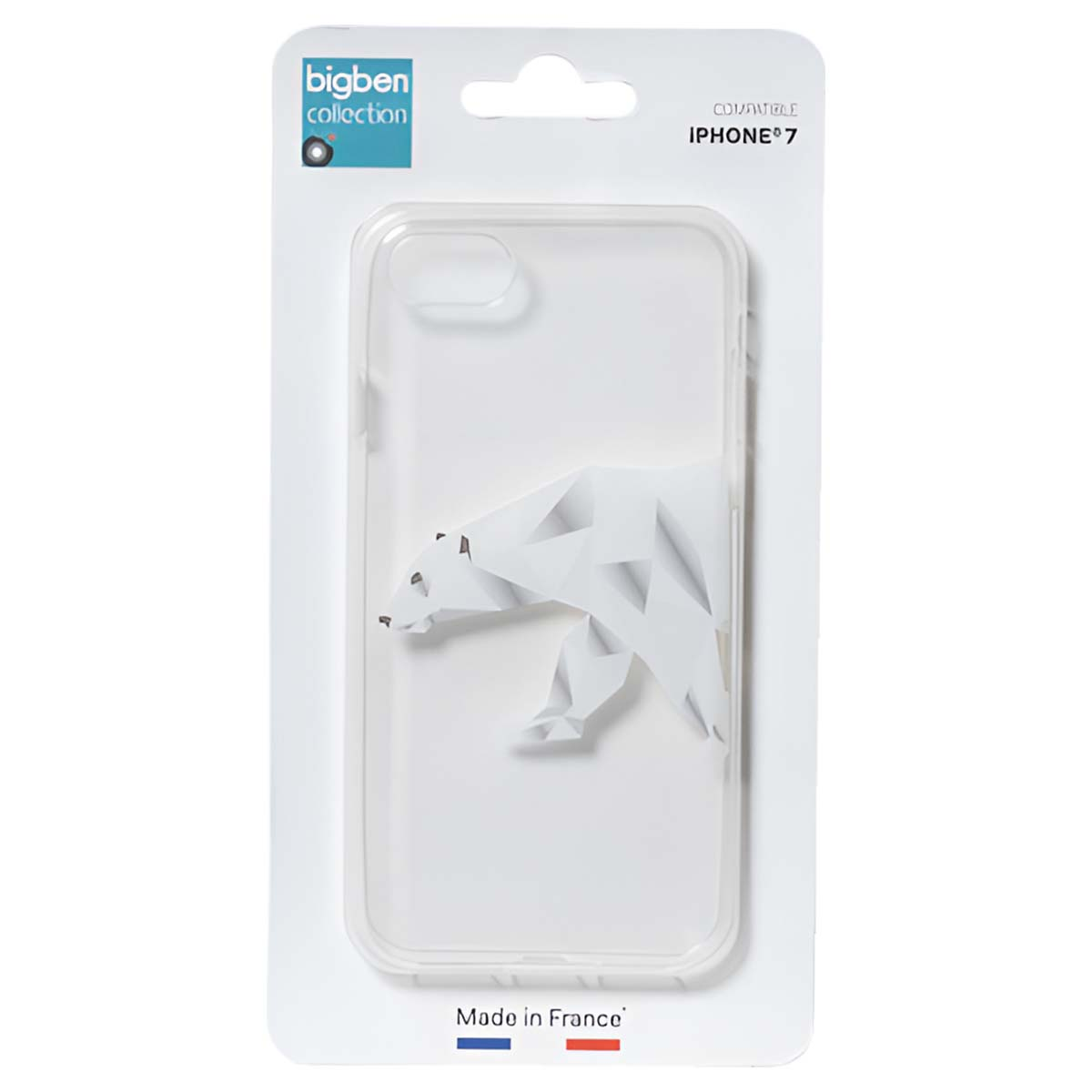 Custodia trasparente per iPhone 7 con design di orso polare geometrico bianco. Confezionata su supporto bianco con marchio 'bigben collection'.