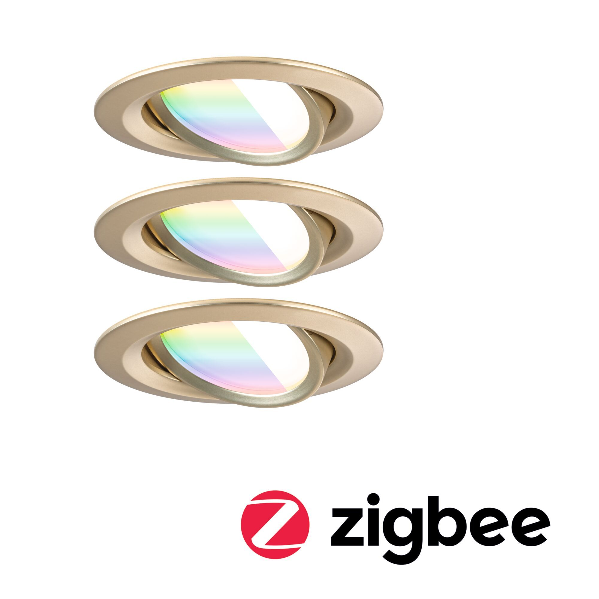 Trzy okrągłe, złote światła. Każde emituje tęczowe światło. Logo Zigbee w prawym dolnym rogu.