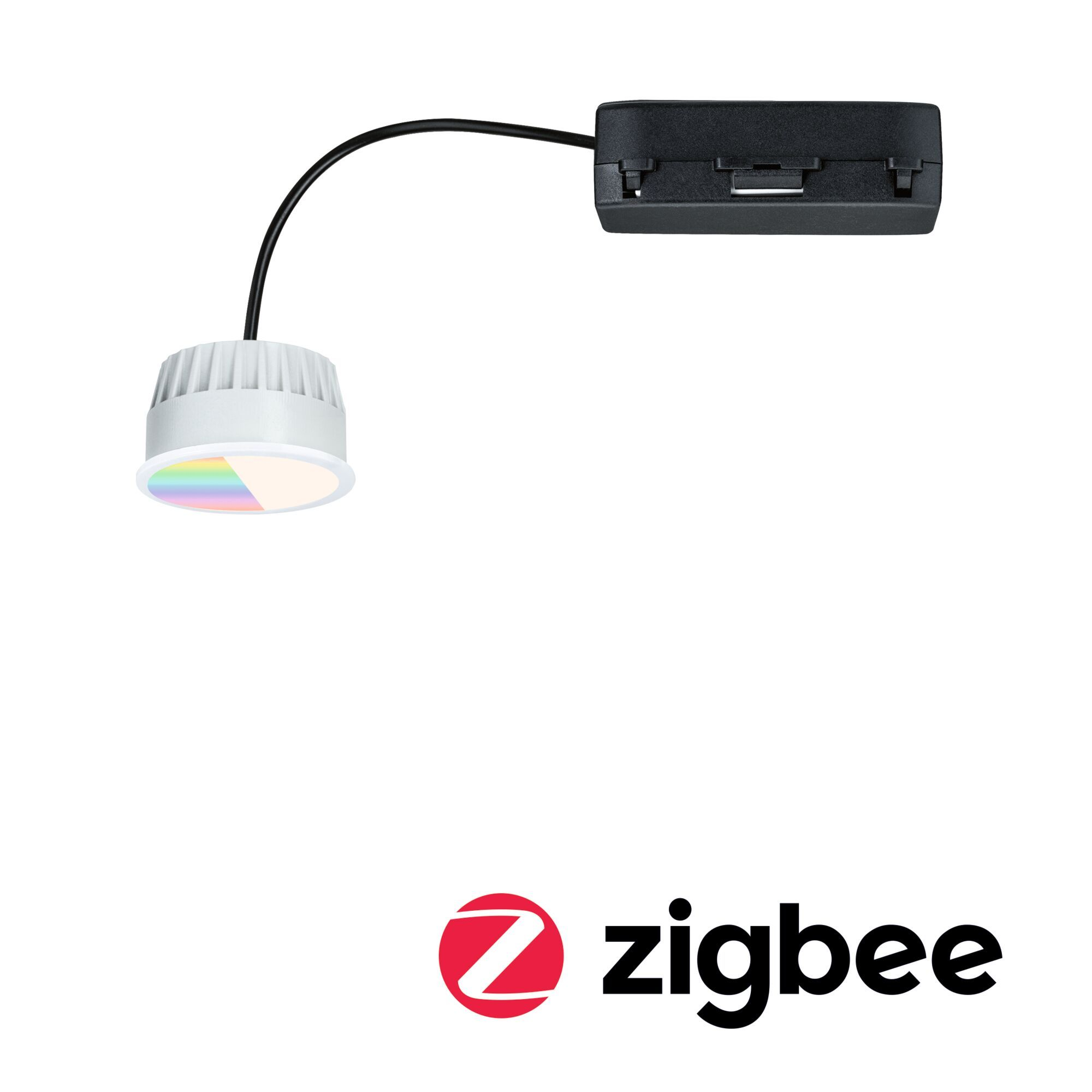 Eine weiße LED-Leuchte mit einem regenbogenfarbenen Lichtabschnitt, verbunden mit einer schwarzen Box über ein schwarzes Kabel. Zigbee-Logo unten.