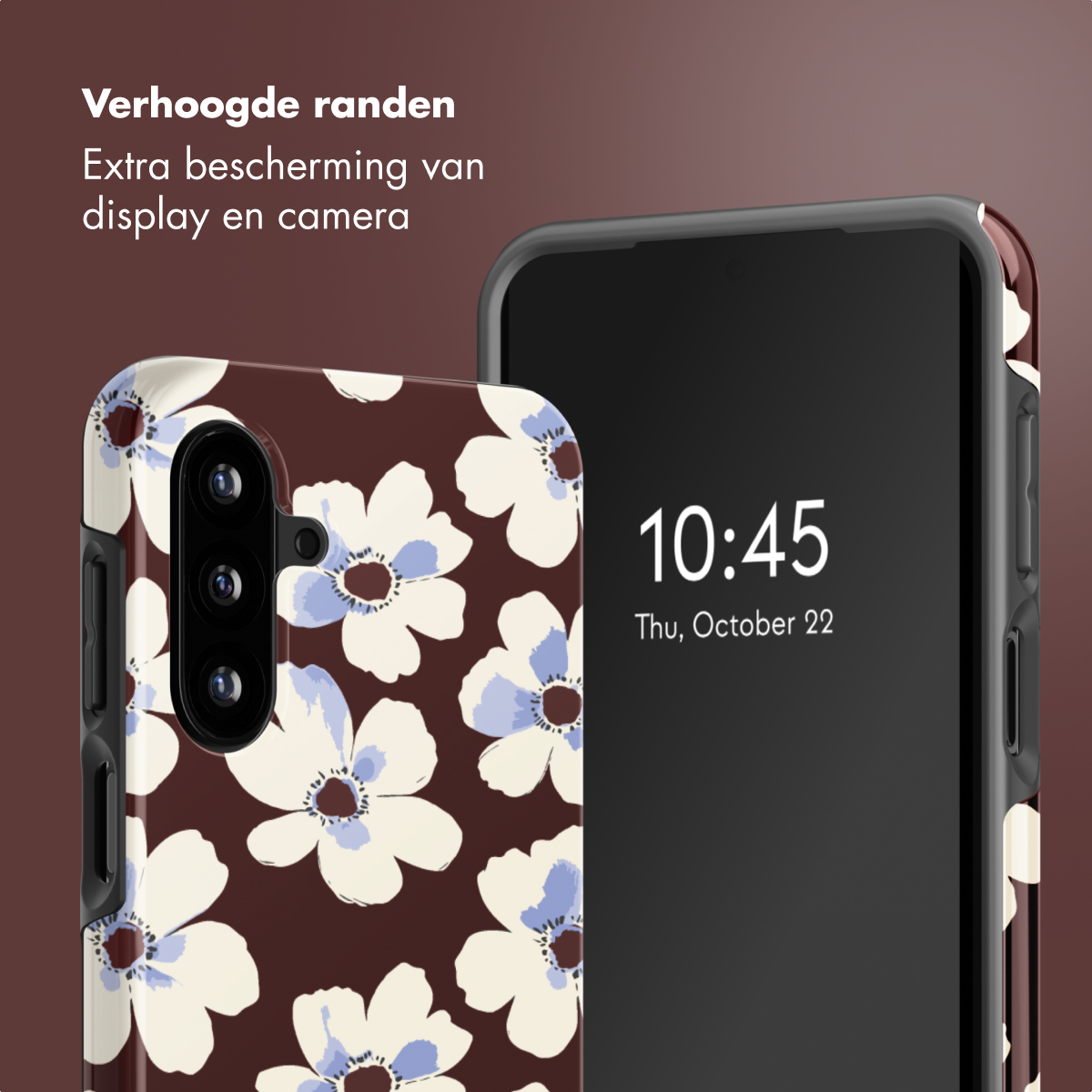 Een telefoon met een bloemenhoes wordt getoond. Het scherm toont de tijd, 10:45, en de datum, 22 oktober. Boven staat tekst: 'Extra bescherming'.