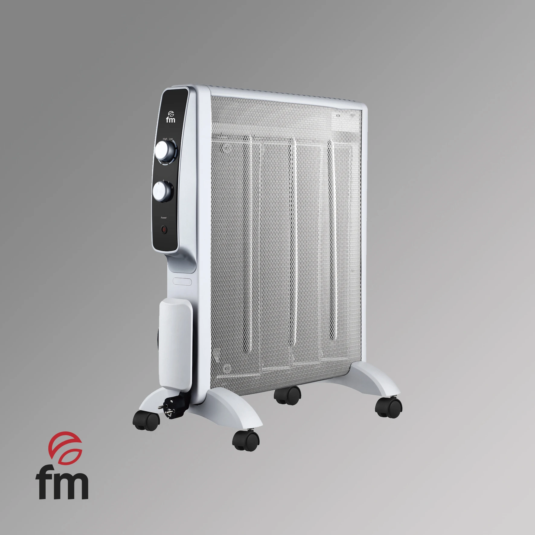 Un calentador eléctrico blanco con panel frontal de malla, panel de control negro y ruedas. Logo FM.