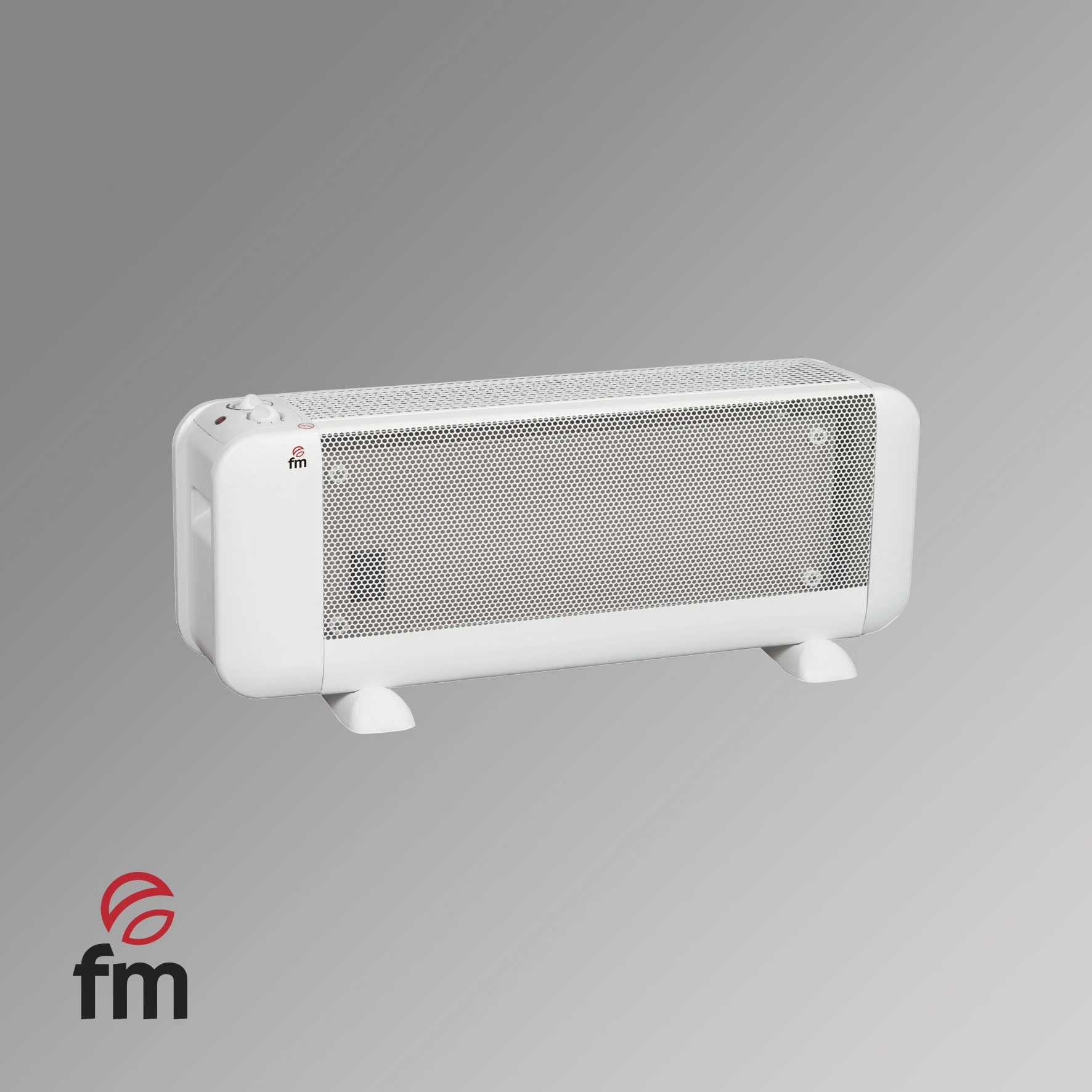 Un termoventilatore elettrico bianco con frontale forato e manopole, su sfondo grigio. Il logo del marchio è visibile.