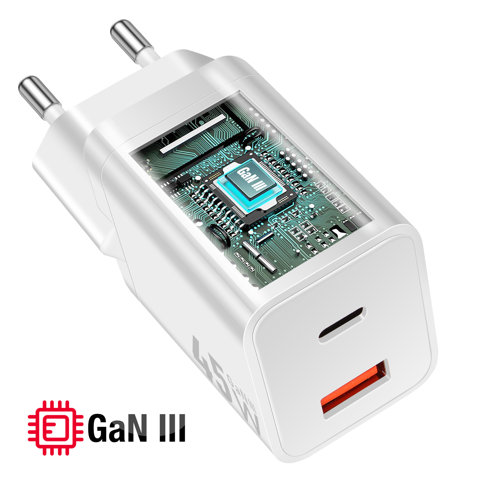 Caricabatterie GaN III bianco con circuito stampato verde esposto. Dispone di porte USB e spine. Logo GaN III rosso.