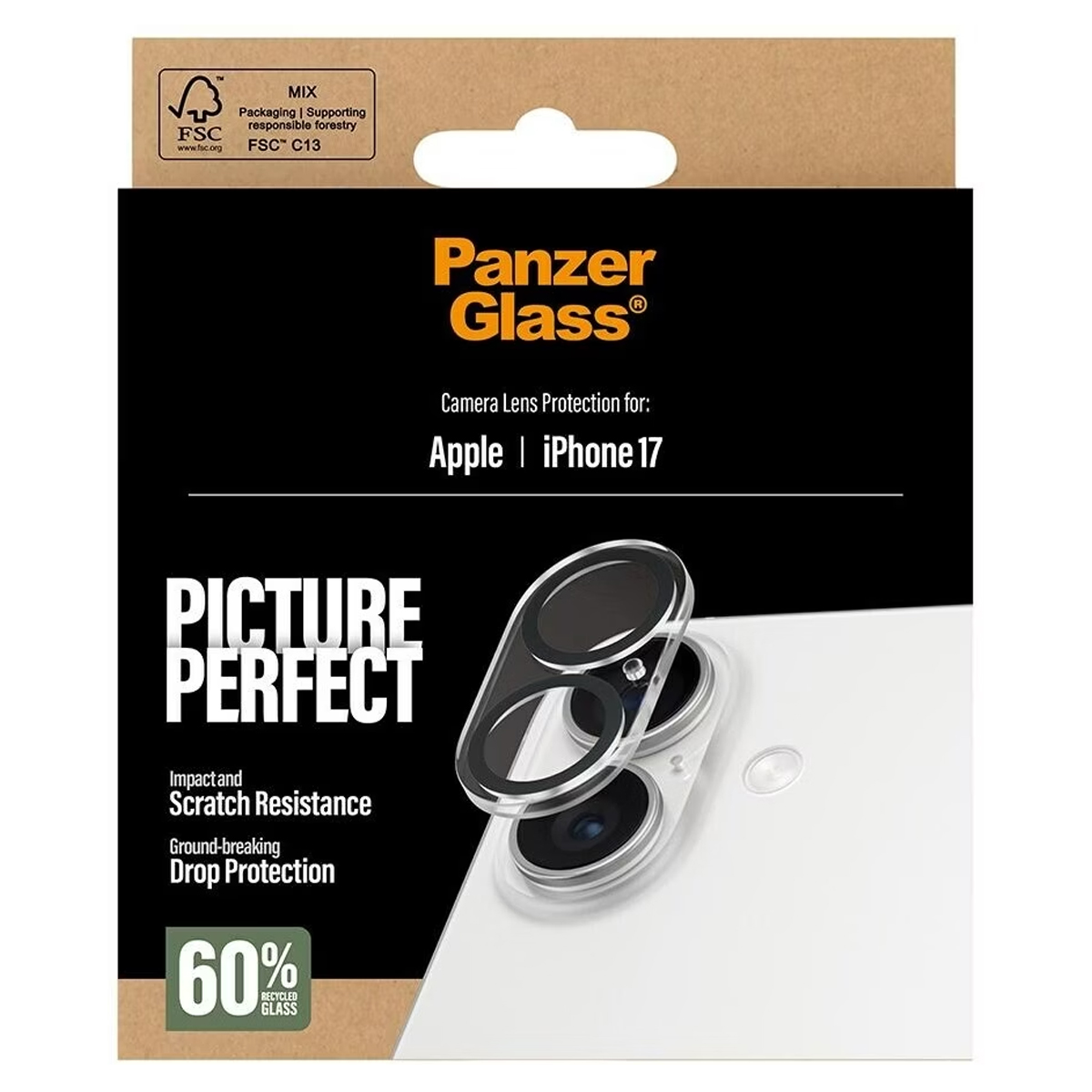 Bir telefon lens koruyucusu içeren bir ürün kutusu. Kutuda Panzer Glass logosu ve "Apple iPhone 17 için Kamera Lens Koruması" yazısı bulunur.