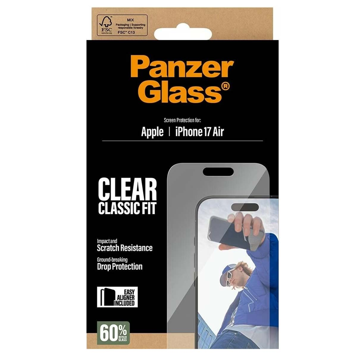 Doos met PanzerGlass schermbeschermer voor iPhone 17 Air. Kenmerken: impactbestendigheid, krasbestendigheid en eenvoudige uitlijning.