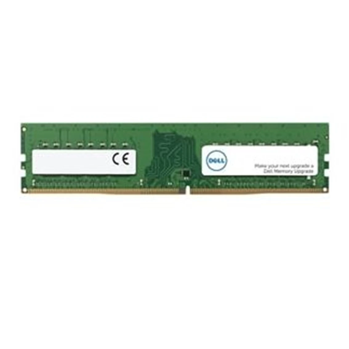 Un modulo RAM verde con etichette bianche, marchio CE e logo Dell. Il modulo ha pin dorati in basso.