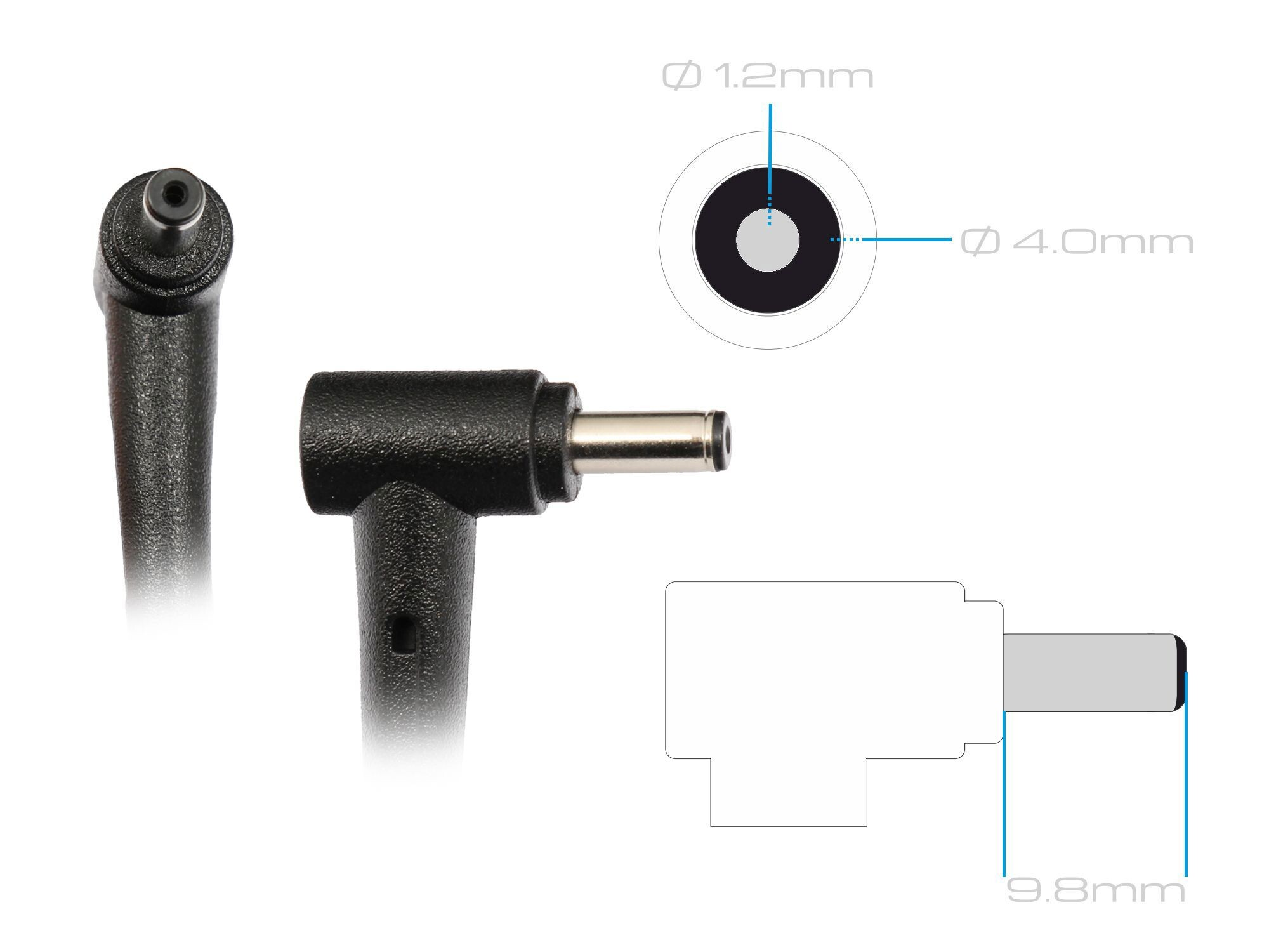 Das Bild zeigt ein schwarzes Laptop-Ladegerät mit den Maßen: 1,2 mm, 4,0 mm und 9,8 mm. Das Ladegerät befindet sich auf weißem Hintergrund.