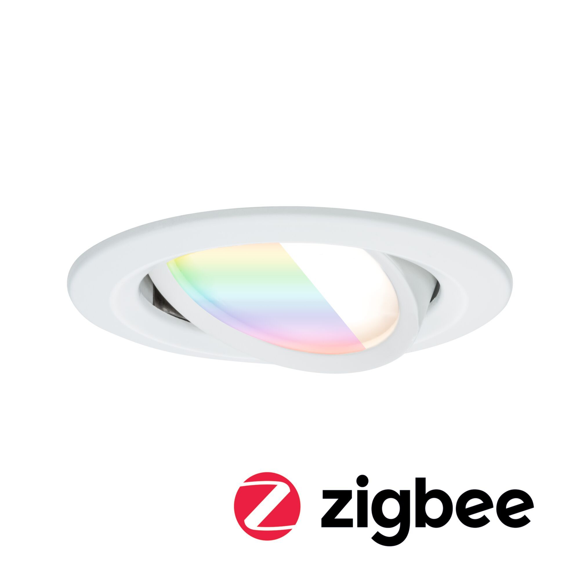 Ein weißes Einbaustrahler mit farbigem Licht. Das Licht ist kreisförmig, darunter ein Zigbee-Logo.