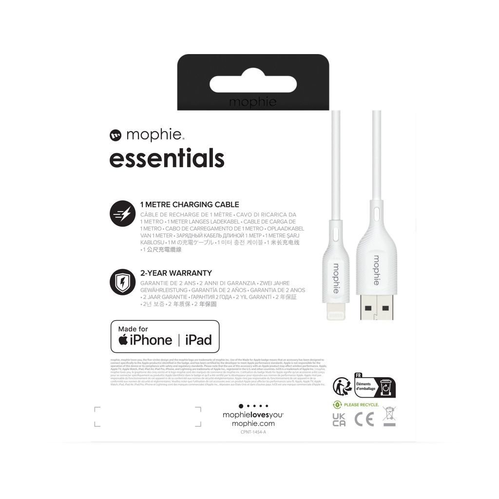 Scatola bianca per cavo di ricarica Mophie. Testo: Mophie essentials, cavo di ricarica da 1 metro, 2 anni di garanzia. Per iPhone | iPad.
