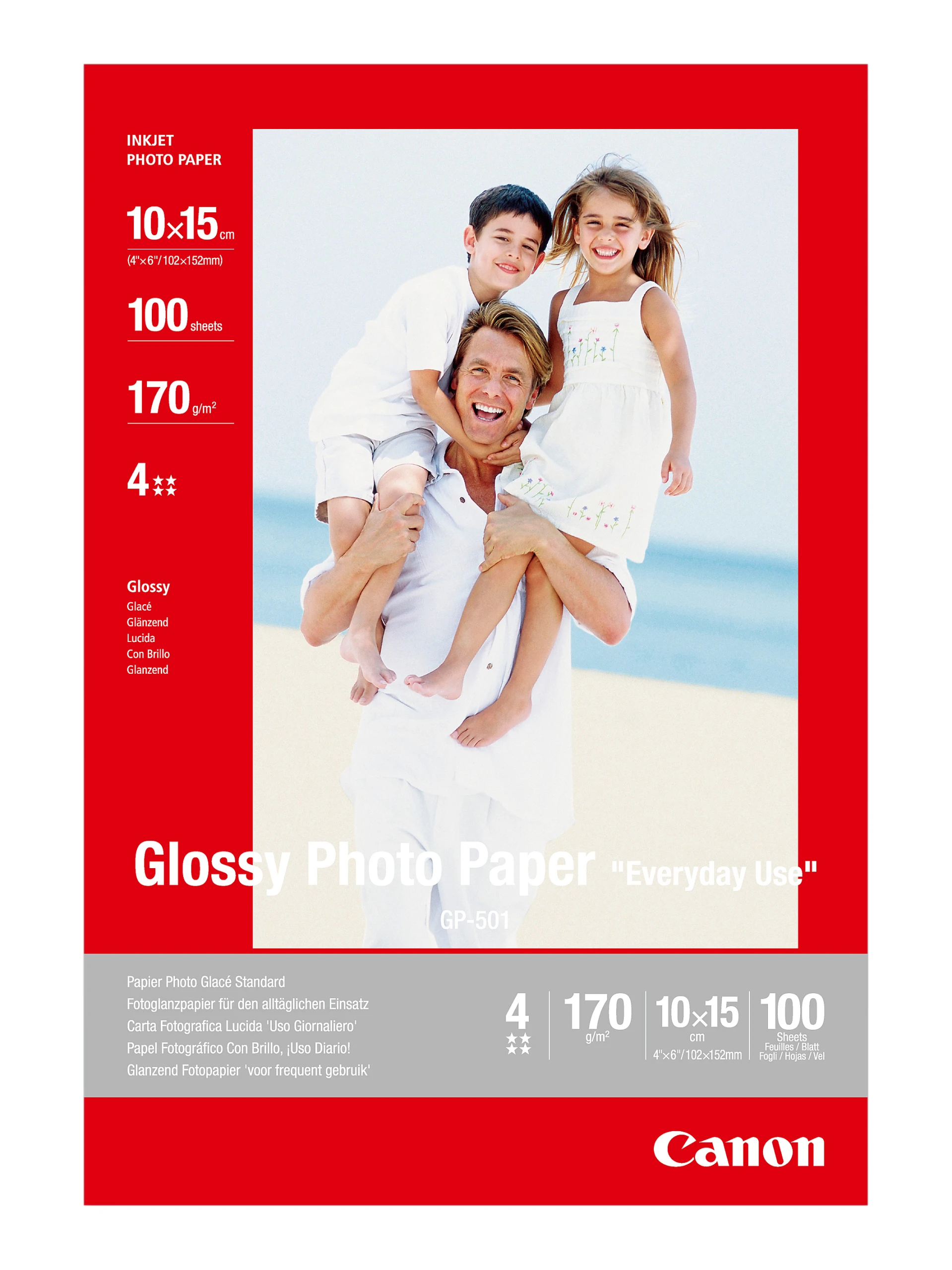 Ein Mann trägt zwei Kinder auf seinen Schultern. Produktdetails wie Papiersorte und -größe sind sichtbar.