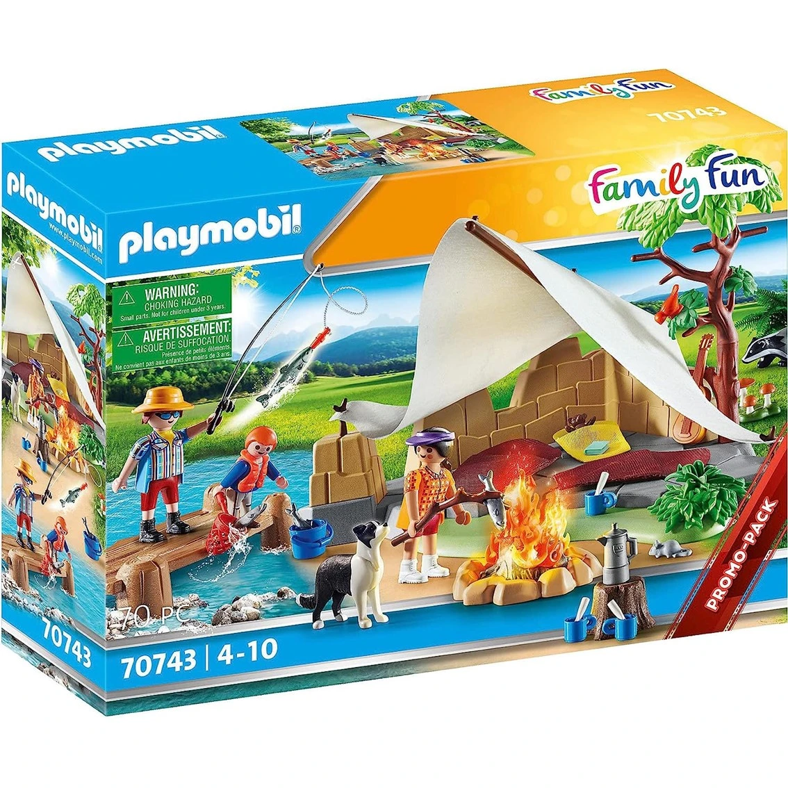 Un set da campeggio Playmobil Family Fun. Le figure pescano, cucinano e campeggiano vicino a un lago e a un fuoco.