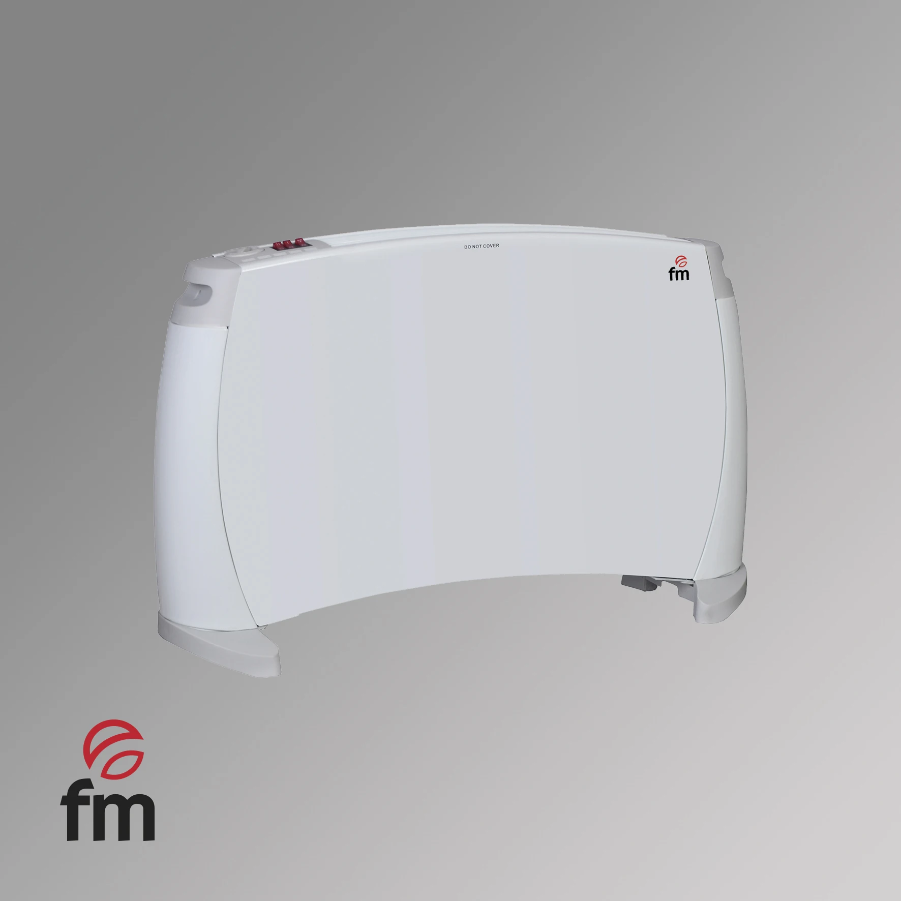 Un calefactor FM blanco con botones rojos, sobre un fondo gris. El logotipo de FM se muestra en el calentador.