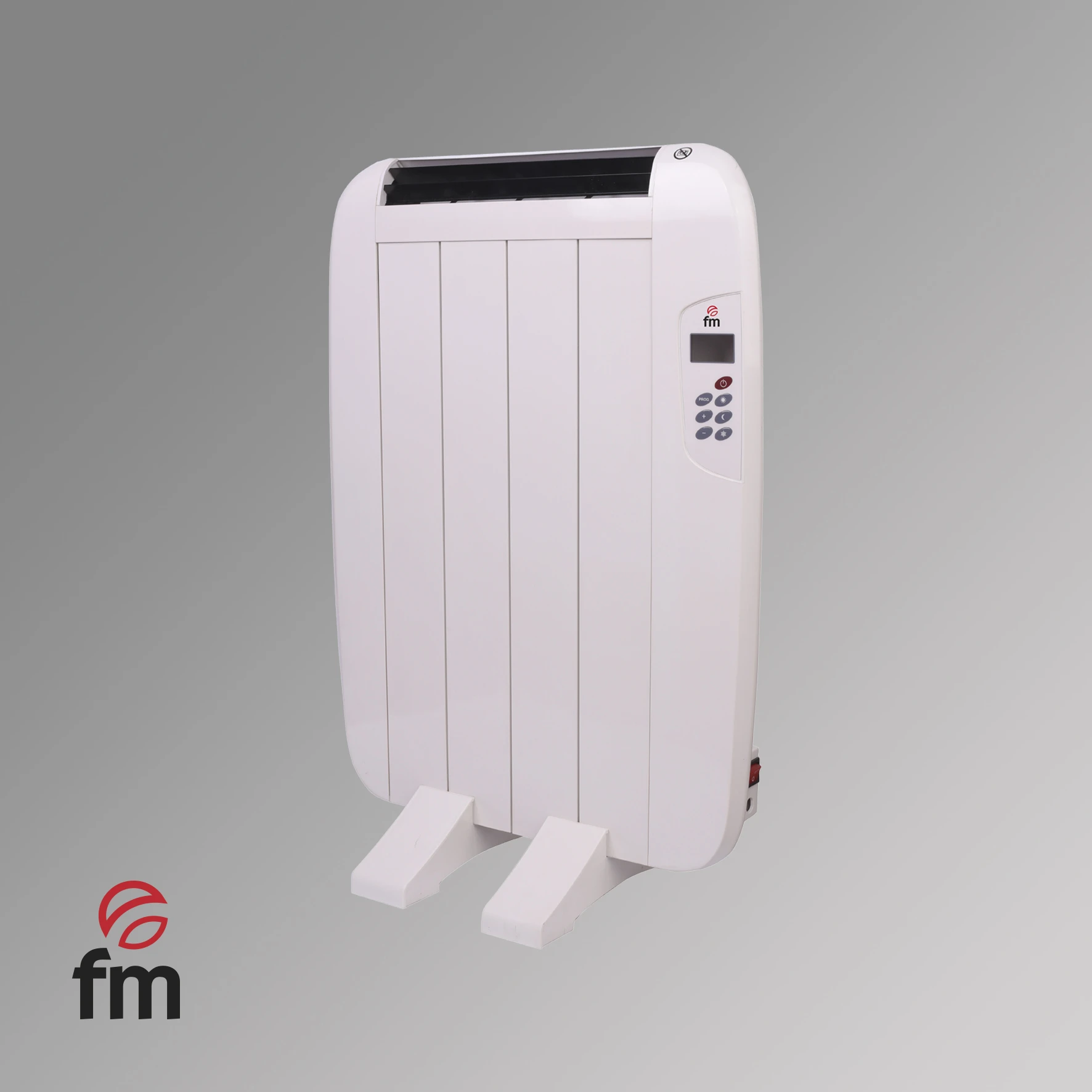 Un calentador eléctrico blanco con pantalla digital y botones de control. Tiene dos pies blancos e interruptor rojo.