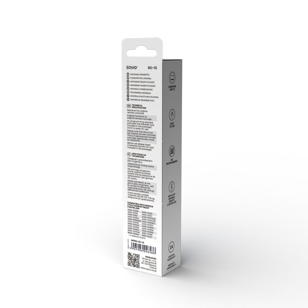 Biało-czarne opakowanie uniwersalnego pilota Savio RC-12. Tekst opisuje cechy produktu i kompatybilne modele.