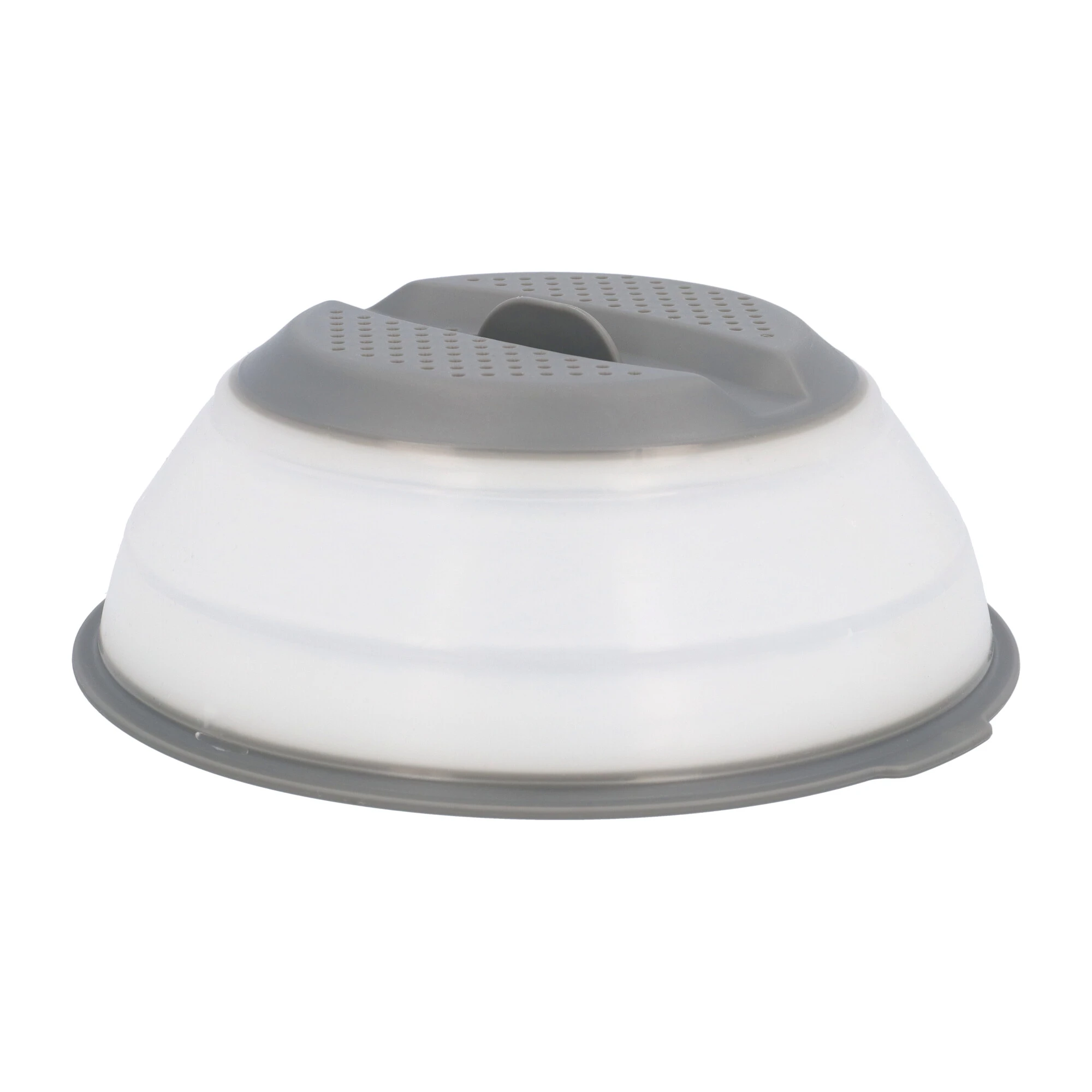 Un cuenco plegable blanco y gris. El cuenco tiene un borde gris y una tapa gris con asa. El fondo es blanco.