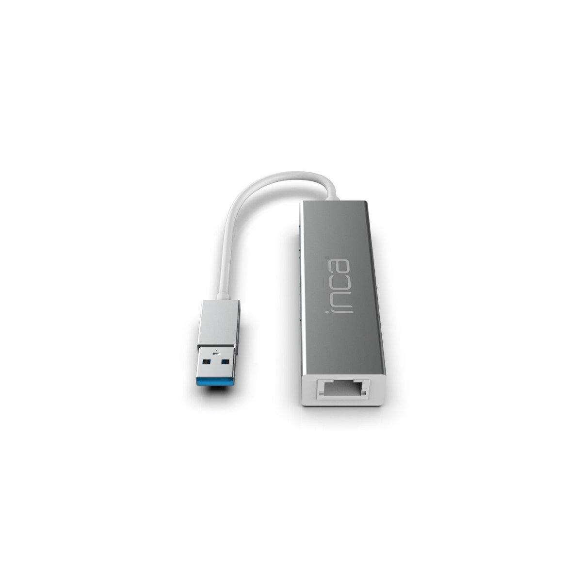 Srebrny adapter Inca USB na Ethernet z białym kablem. Złącze USB jest po lewej na dole, a port Ethernet po prawej na górze.