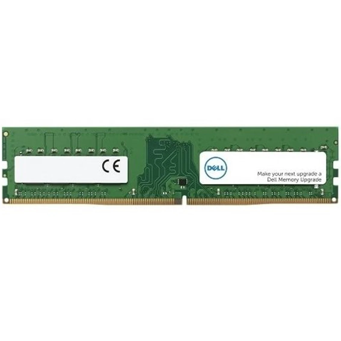 Un modulo RAM verde con etichette bianche, un logo Dell e testo. Ha connettori dorati e si trova su sfondo bianco.
