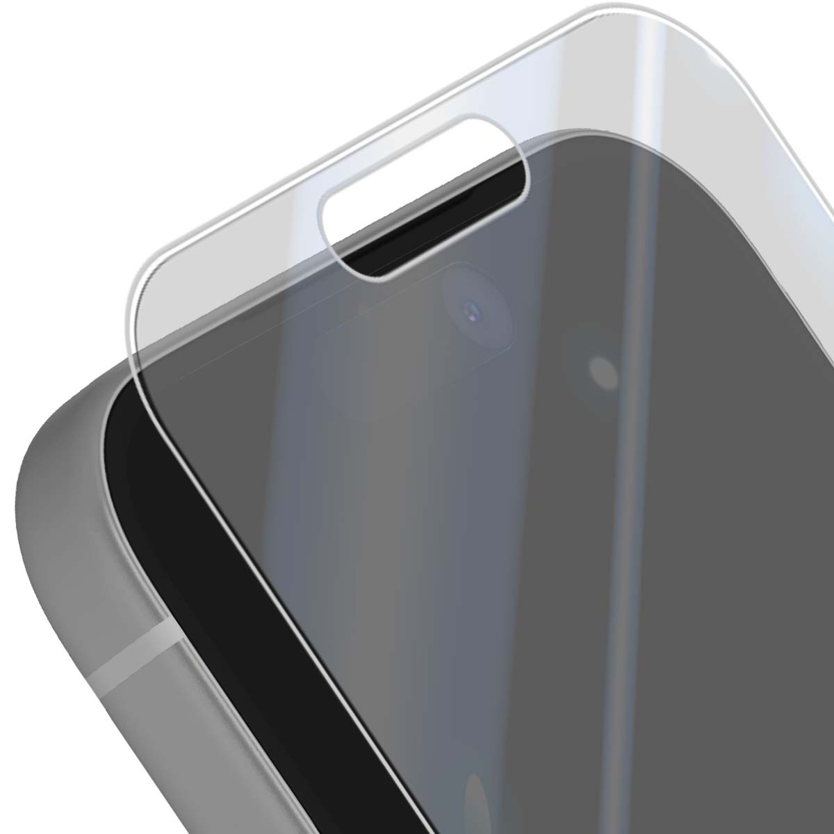 Un protecteur d'écran est placé sur un téléphone. Le téléphone est gris, le protecteur est transparent.