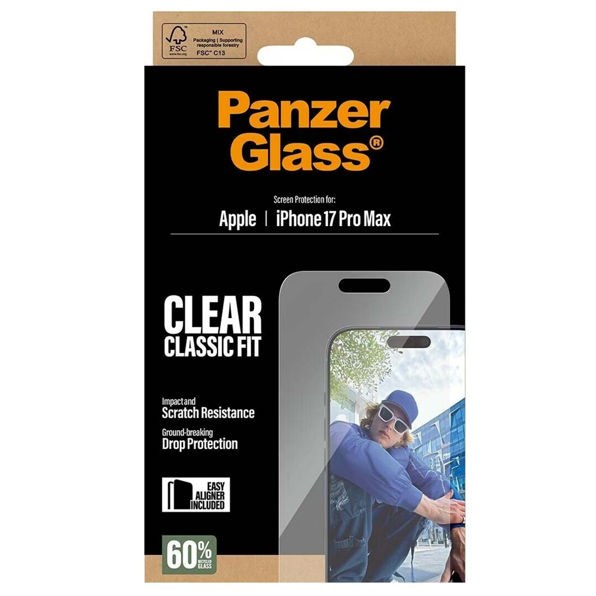 Emballage de protection d'écran Panzer Glass pour iPhone 17 Pro Max. Protection d'écran claire et aligneur facile inclus.