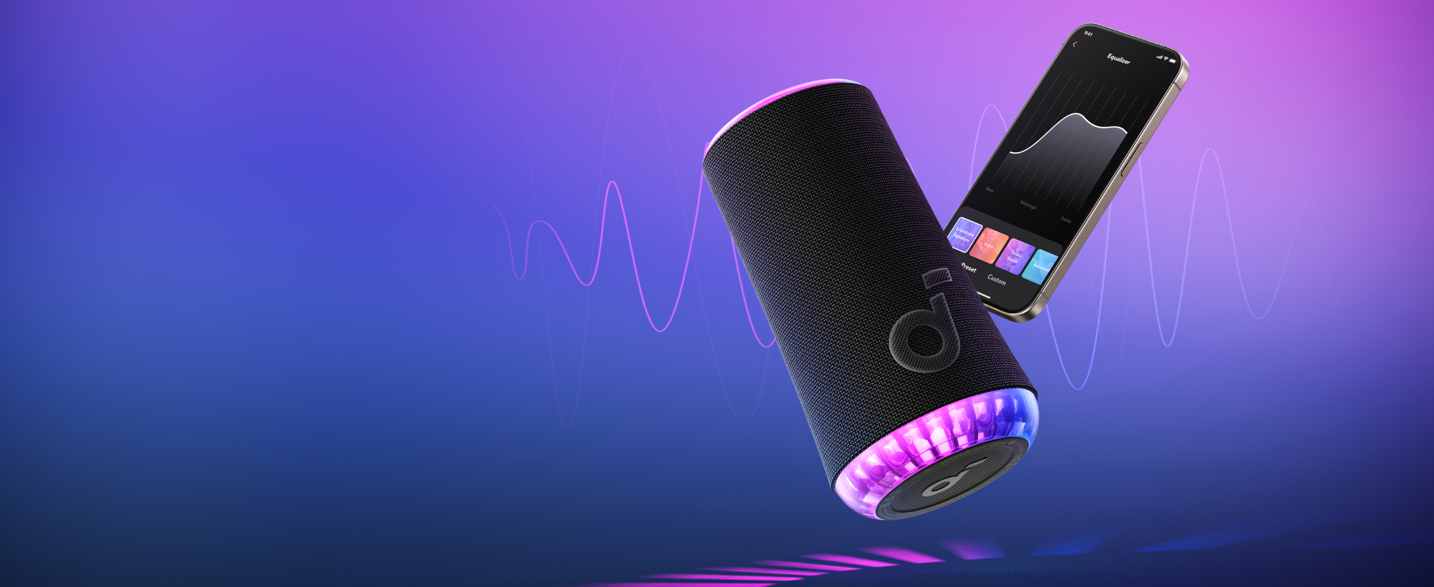 Czarny głośnik z telefonem wyświetlającym korektor. Głośnik ma kolorowe światła na dole, na fioletowym tle.