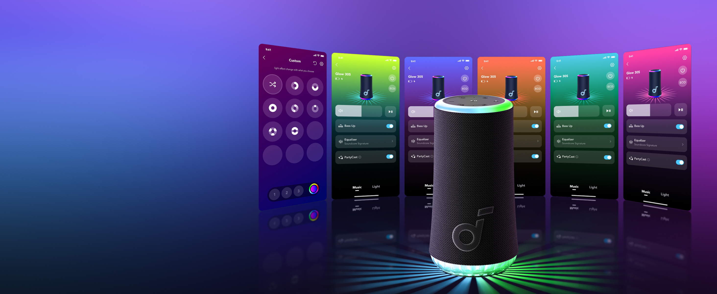 Czarny głośnik z podświetlaną podstawą otoczony telefonami z aplikacjami do sterowania światłem.