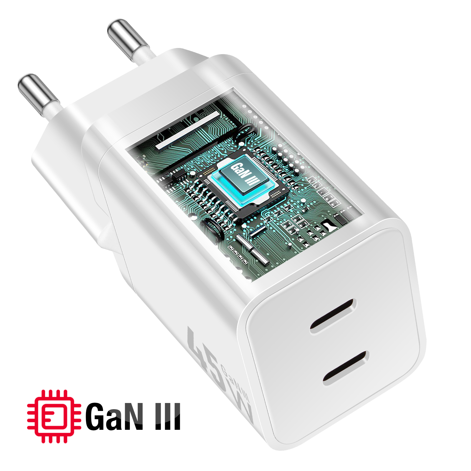Chargeur GaN III blanc. Il possède deux broches et une carte de circuit imprimé visible à travers une section transparente. 45W.